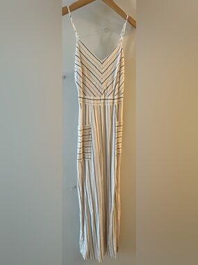 Striped V-Neck LinenMaxi Dress in Cream and Burple